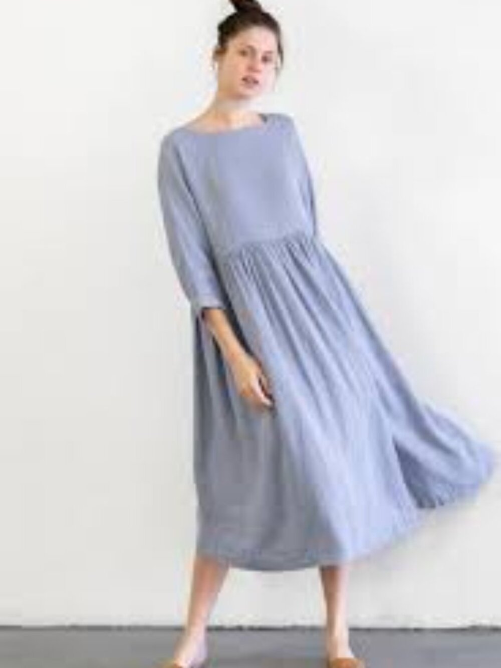 Grae Cove Light Blue Linen 3/4 Sleeve Midi Dress